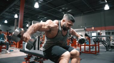 Bodybuilder Derek Lunsford leans over while sitting on a bench and lifts two light dumbbells up to shoulder height — an exercise known as the rear delt raise.