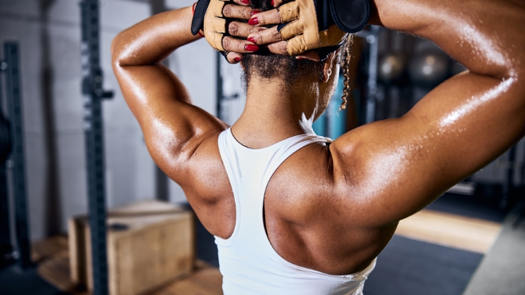 Close up view of the back and  shoulder muscles.