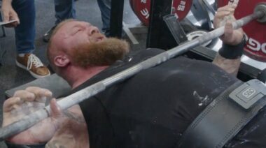 Strongman Hafthor Bjornsson performing bench press