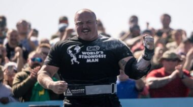 Mitchell Hooper air guitar celebration during 2023 World's Strongest Man