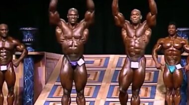 Bodybuilders Ronnie Coleman and Flex Wheeler on stage