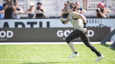 CrossFit athlete Valerie Cohen running on turf