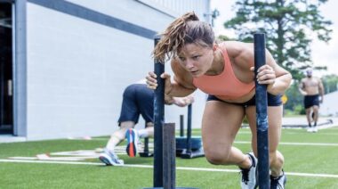 Laura Horvath pushing sled training CrossFit 2023