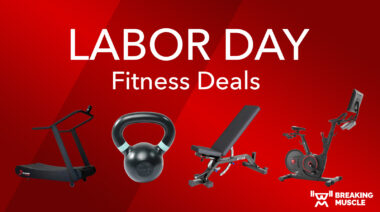 Various fitness equipment on a red background with the text "Labor Day Fitness Deals"